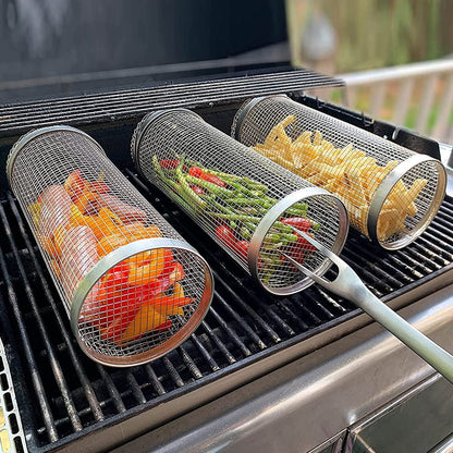 Rolling Grilling Basket Metal BBQ Barbecue Basket Net